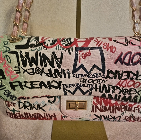 Graffiti Me Crossbody Shoulder Purse Handbag Vegan Leather with Chain Strap - Picture 4 of 16